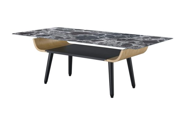 Landon 47"W Coffee Table with Glass Black Marble Texture Top and Bent Wood Design - Image 3