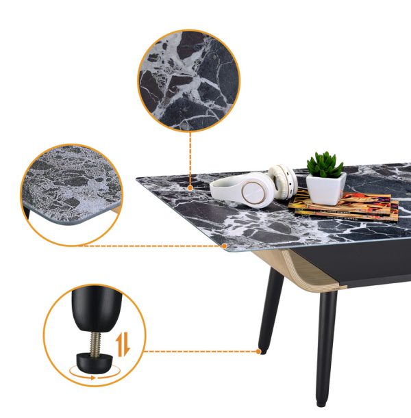 Landon 47"W Coffee Table with Glass Black Marble Texture Top and Bent Wood Design - Image 2