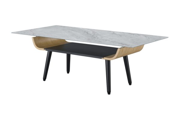 Landon 47"W Coffee Table with Glass Gray Marble Texture Top and Bent Wood Design - Image 3