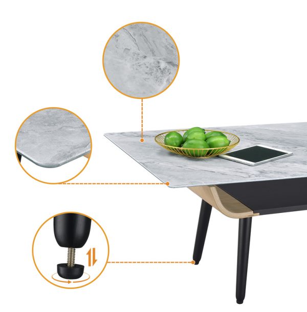 Landon 47"W Coffee Table with Glass Gray Marble Texture Top and Bent Wood Design - Image 2