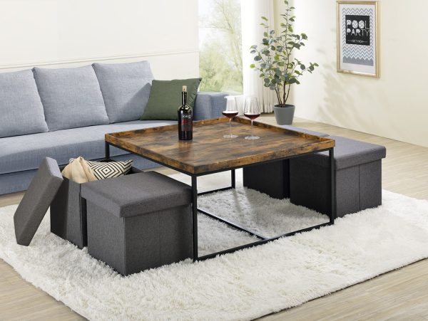 Vinny 35"W Weathered Oak Wood Grain 5 Piece Coffee Table Set with Raised Edges - Image 3
