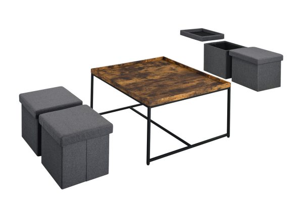 Vinny 35"W Weathered Oak Wood Grain 5 Piece Coffee Table Set with Raised Edges - Image 2