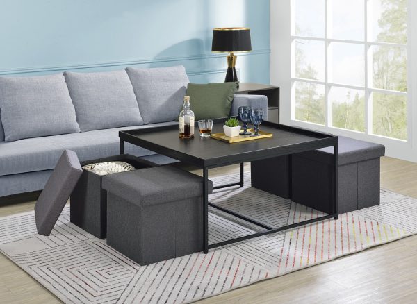 Vinny 35"W Black Wood Grain 5 Piece Coffee Table Set with Raised Edges - Image 2