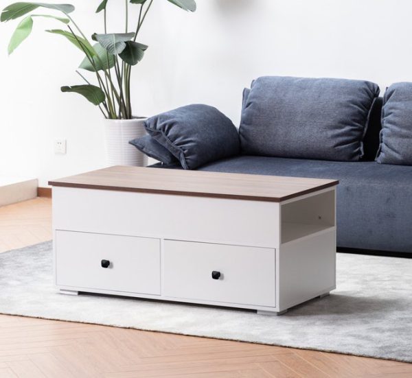 Luna 45.5"W White Coffee Table with Brown Walnut Finish Lift Top, 2 Drawers, and 2 Shelves