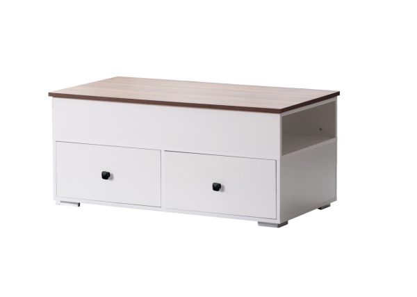 Luna 45.5"W White Coffee Table with Brown Walnut Finish Lift Top, 2 Drawers, and 2 Shelves - Image 2