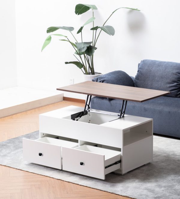 Luna 45.5"W White Coffee Table with Brown Walnut Finish Lift Top, 2 Drawers, and 2 Shelves - Image 12