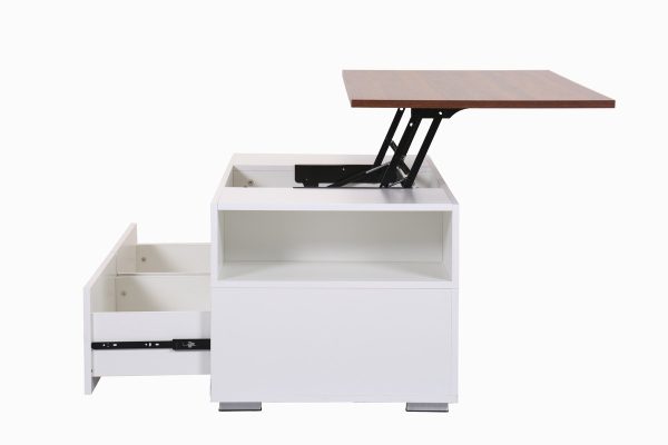 Luna 45.5"W White Coffee Table with Brown Walnut Finish Lift Top, 2 Drawers, and 2 Shelves - Image 10