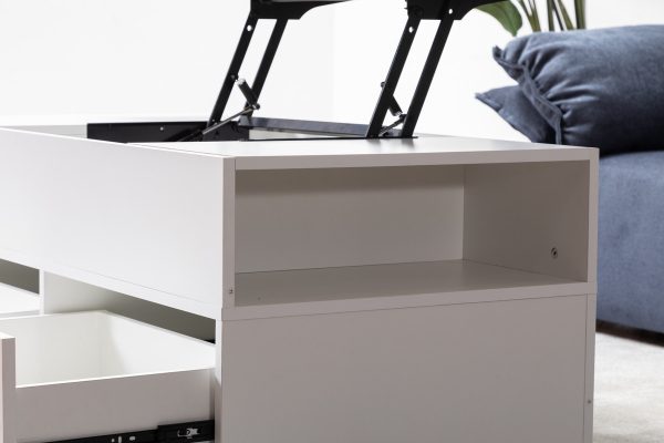 Luna 45.5"W White Coffee Table with Brown Walnut Finish Lift Top, 2 Drawers, and 2 Shelves - Image 8