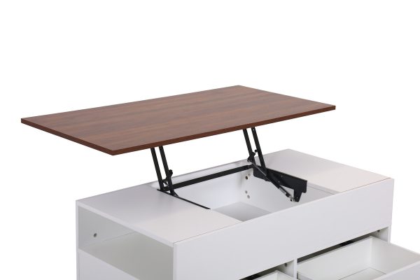 Luna 45.5"W White Coffee Table with Brown Walnut Finish Lift Top, 2 Drawers, and 2 Shelves - Image 7