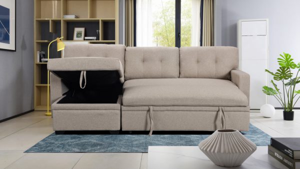 Miller 83"W Beige Linen Reversible Sleeper Sectional Sofa with Storage Chaise - Image 7