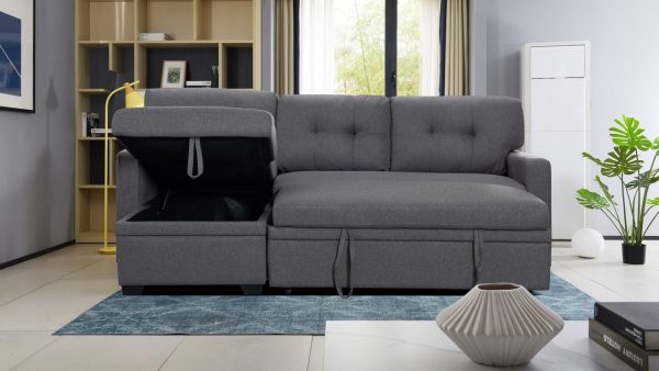 Miller 83"W Gray Linen Reversible Sleeper Sectional Sofa with Storage Chaise - Image 6