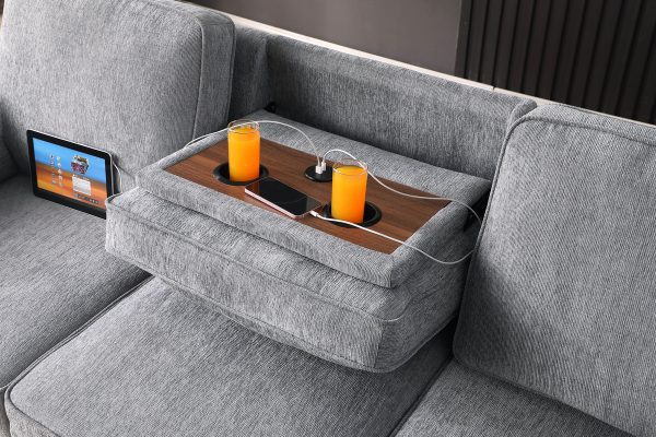 Mackenzie 91"W Light Gray Chenille Fabric Reversible Sleeper Sectional with Storage Chaise, Drop-Down Table, Cup Holders and Charging Ports - Image 11