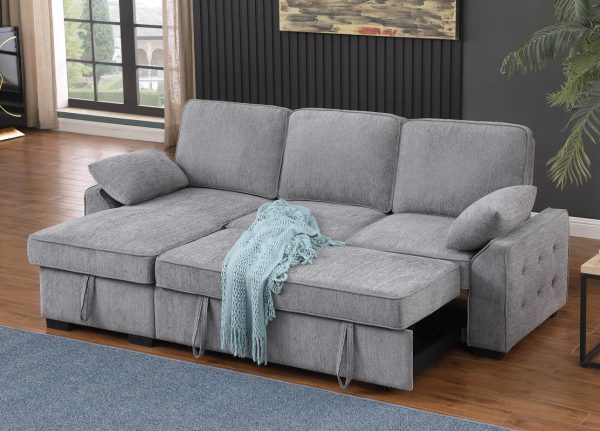 Mackenzie 91"W Light Gray Chenille Fabric Reversible Sleeper Sectional with Storage Chaise, Drop-Down Table, Cup Holders and Charging Ports - Image 7