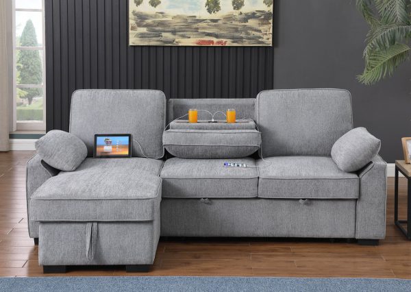 Mackenzie 91"W Light Gray Chenille Fabric Reversible Sleeper Sectional with Storage Chaise, Drop-Down Table, Cup Holders and Charging Ports - Image 6