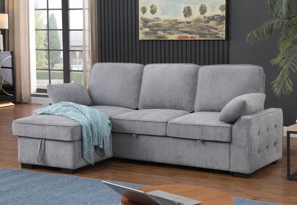 Mackenzie 91"W Light Gray Chenille Fabric Reversible Sleeper Sectional with Storage Chaise, Drop-Down Table, Cup Holders and Charging Ports - Image 5