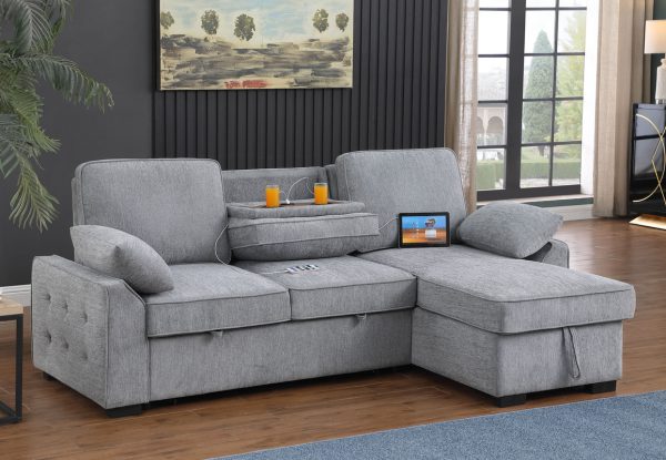 Mackenzie 91"W Light Gray Chenille Fabric Reversible Sleeper Sectional with Storage Chaise, Drop-Down Table, Cup Holders and Charging Ports - Image 4