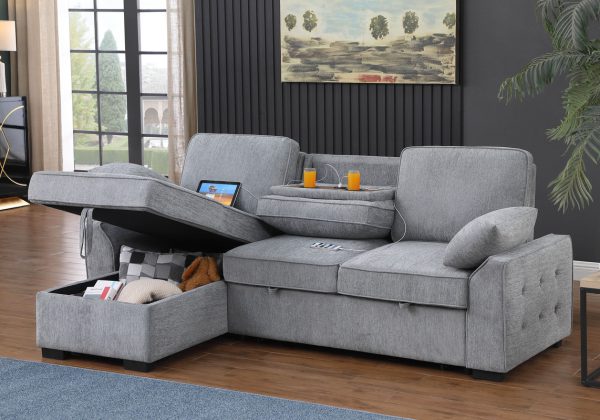 Mackenzie 91"W Light Gray Chenille Fabric Reversible Sleeper Sectional with Storage Chaise, Drop-Down Table, Cup Holders and Charging Ports - Image 9