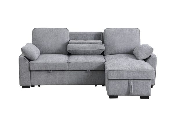 Mackenzie 91"W Light Gray Chenille Fabric Reversible Sleeper Sectional with Storage Chaise, Drop-Down Table, Cup Holders and Charging Ports - Image 2