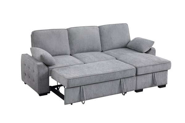Mackenzie 91"W Light Gray Chenille Fabric Reversible Sleeper Sectional with Storage Chaise, Drop-Down Table, Cup Holders and Charging Ports - Image 13