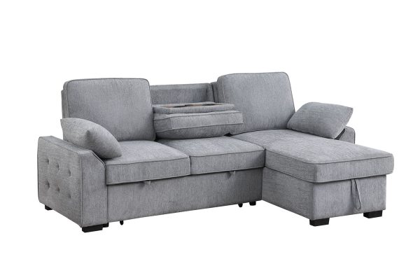 Mackenzie 91"W Light Gray Chenille Fabric Reversible Sleeper Sectional with Storage Chaise, Drop-Down Table, Cup Holders and Charging Ports - Image 12