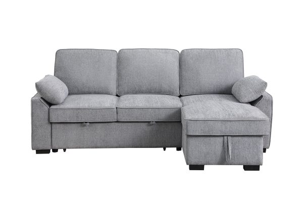 Mackenzie 91"W Light Gray Chenille Fabric Reversible Sleeper Sectional with Storage Chaise, Drop-Down Table, Cup Holders and Charging Ports - Image 3