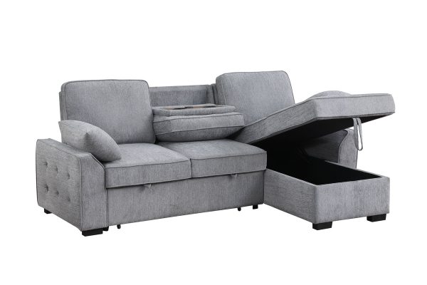 Mackenzie 91"W Light Gray Chenille Fabric Reversible Sleeper Sectional with Storage Chaise, Drop-Down Table, Cup Holders and Charging Ports - Image 8