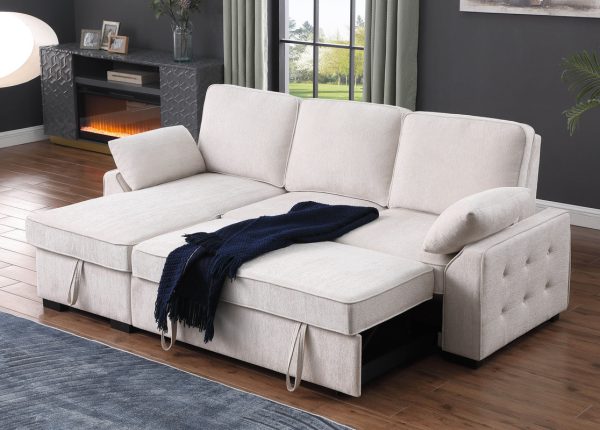 Mackenzie 91"W Beige Chenille Fabric Reversible Sleeper Sectional with Storage Chaise, Drop-Down Table, Cup Holders and Charging Ports - Image 3