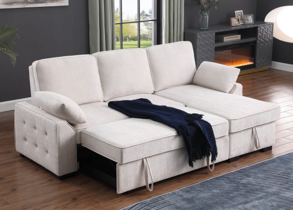 Mackenzie 91"W Beige Chenille Fabric Reversible Sleeper Sectional with Storage Chaise, Drop-Down Table, Cup Holders and Charging Ports - Image 2