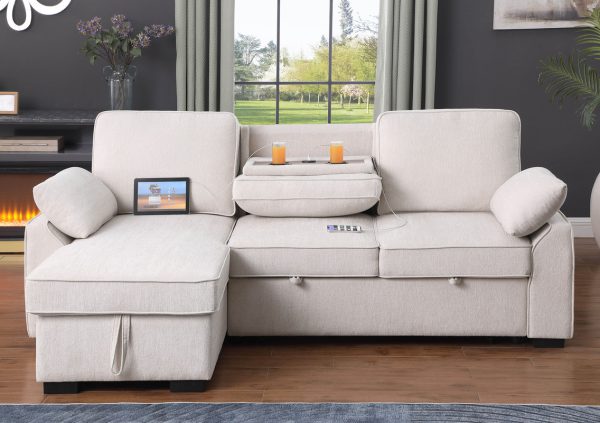 Mackenzie 91"W Beige Chenille Fabric Reversible Sleeper Sectional with Storage Chaise, Drop-Down Table, Cup Holders and Charging Ports - Image 8
