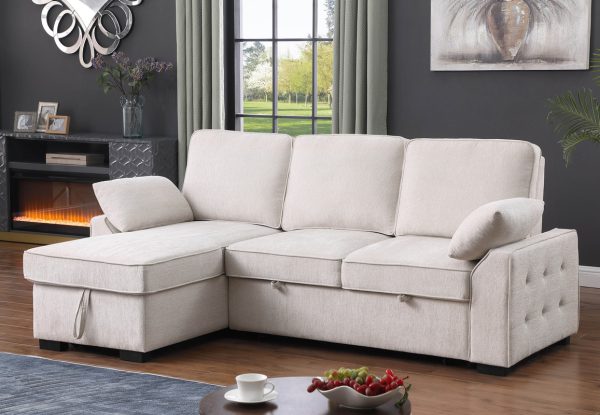 Mackenzie 91"W Beige Chenille Fabric Reversible Sleeper Sectional with Storage Chaise, Drop-Down Table, Cup Holders and Charging Ports - Image 7