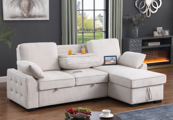 Mackenzie 91"W Beige Chenille Fabric Reversible Sleeper Sectional with Storage Chaise, Drop-Down Table, Cup Holders and Charging Ports - Image 6