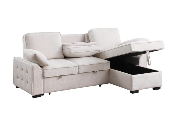 Mackenzie 91"W Beige Chenille Fabric Reversible Sleeper Sectional with Storage Chaise, Drop-Down Table, Cup Holders and Charging Ports - Image 4