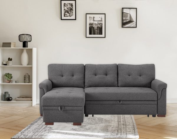 Sierra 84"W Dark Gray Linen Reversible Sleeper Sectional Sofa with Storage Chaise