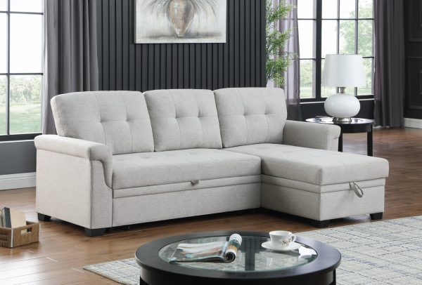 Lucca 84"W Light Gray Linen Reversible Sleeper Sectional Sofa with Storage Chaise