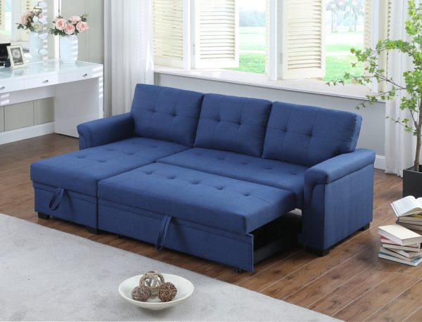 Lucca 84"W Blue Linen Reversible Sleeper Sectional Sofa with Storage Chaise - Image 10