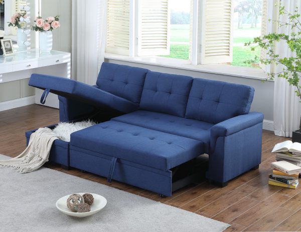 Lucca 84"W Blue Linen Reversible Sleeper Sectional Sofa with Storage Chaise - Image 9