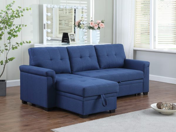 Lucca 84"W Blue Linen Reversible Sleeper Sectional Sofa with Storage Chaise - Image 8