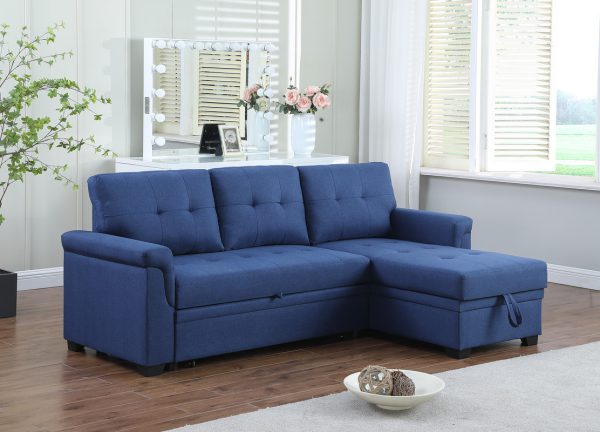 Lucca 84"W Blue Linen Reversible Sleeper Sectional Sofa with Storage Chaise - Image 7