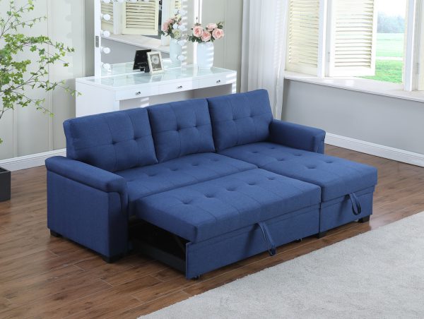 Lucca 84"W Blue Linen Reversible Sleeper Sectional Sofa with Storage Chaise - Image 6