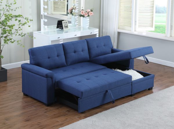 Lucca 84"W Blue Linen Reversible Sleeper Sectional Sofa with Storage Chaise - Image 5
