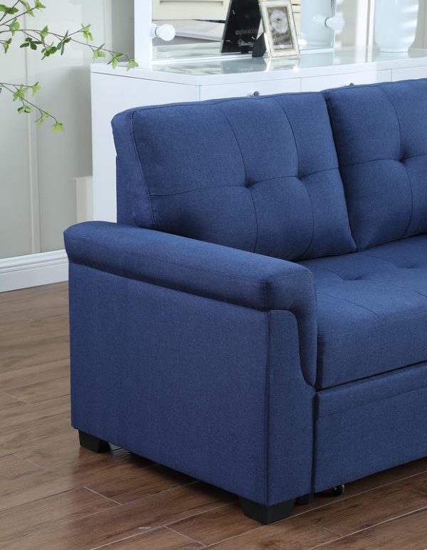 Lucca 84"W Blue Linen Reversible Sleeper Sectional Sofa with Storage Chaise - Image 4