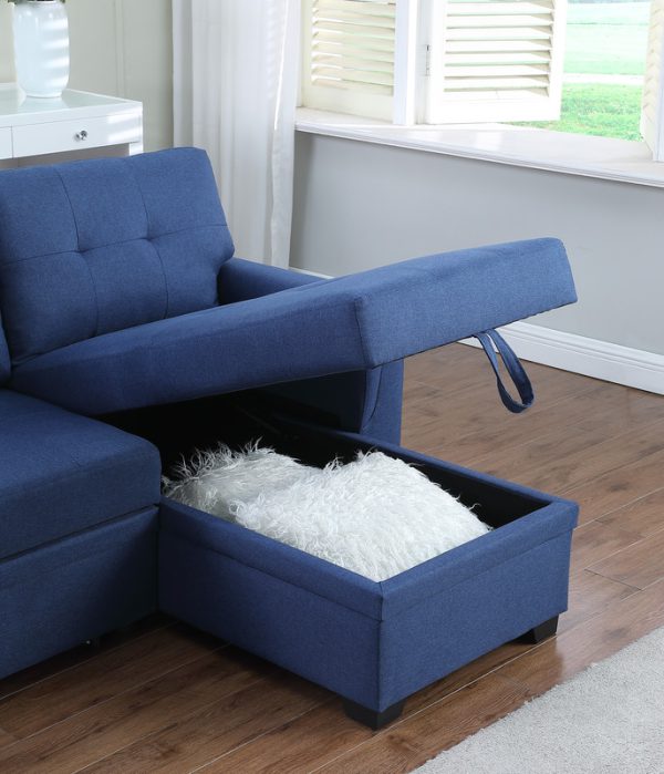 Lucca 84"W Blue Linen Reversible Sleeper Sectional Sofa with Storage Chaise - Image 3