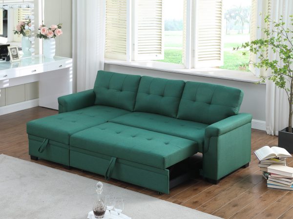 Lucca 84"W Green Linen Reversible Sleeper Sectional Sofa with Storage Chaise - Image 9
