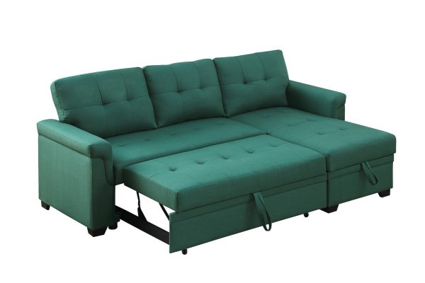 Lucca 84"W Green Linen Reversible Sleeper Sectional Sofa with Storage Chaise - Image 12