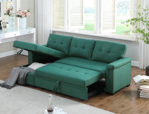 Lucca 84"W Green Linen Reversible Sleeper Sectional Sofa with Storage Chaise - Image 8
