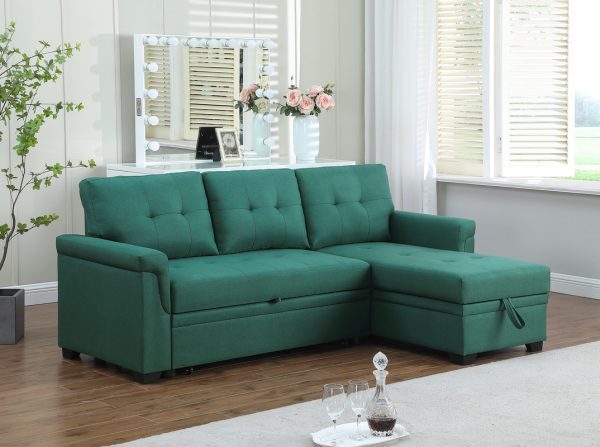 Lucca 84"W Green Linen Reversible Sleeper Sectional Sofa with Storage Chaise - Image 6