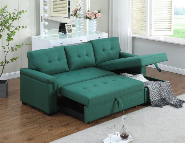 Lucca 84"W Green Linen Reversible Sleeper Sectional Sofa with Storage Chaise - Image 4