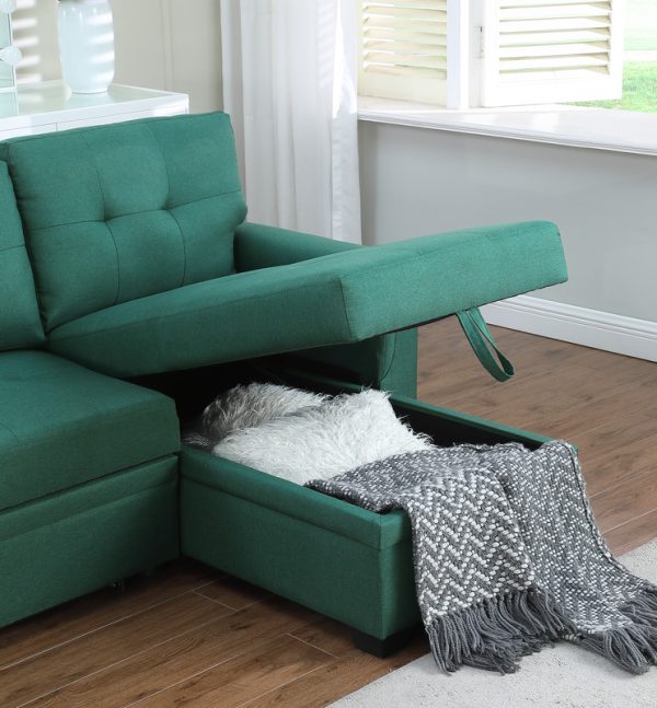 Lucca 84"W Green Linen Reversible Sleeper Sectional Sofa with Storage Chaise - Image 2