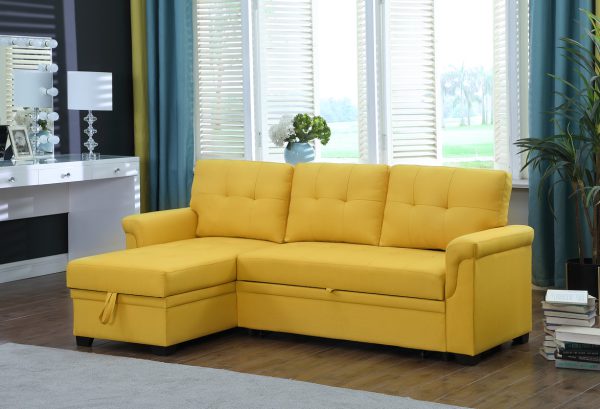 Lucca 84"W Yellow Linen Reversible Sleeper Sectional Sofa with Storage Chaise