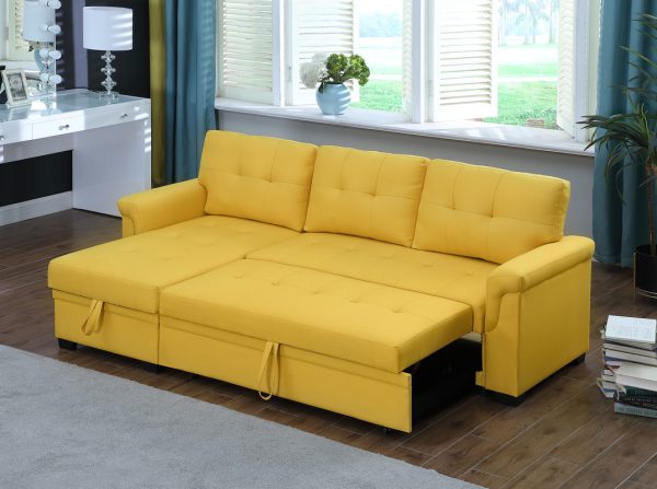 Lucca 84"W Yellow Linen Reversible Sleeper Sectional Sofa with Storage Chaise - Image 10